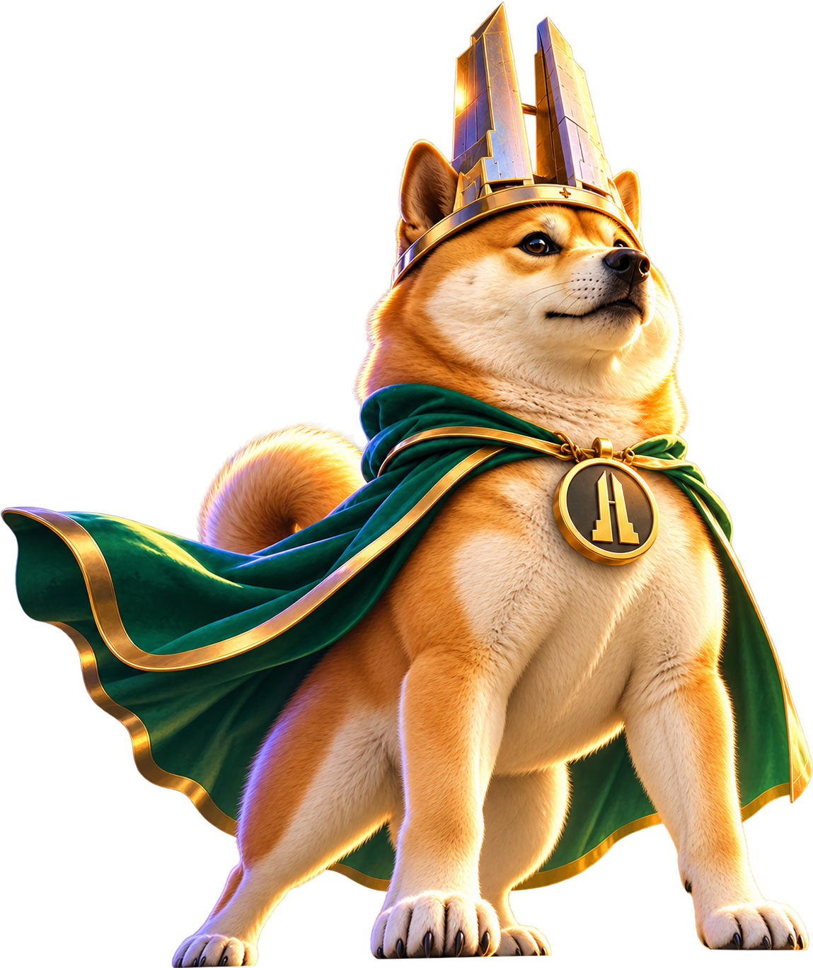 Standard Dog, a Shiba Inu in a tower-shaped gold crown and emerald royal cape